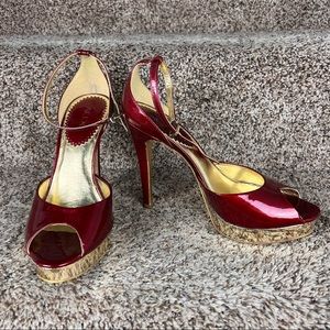 Aldo Red & Gold Leather Peep Toe Heels